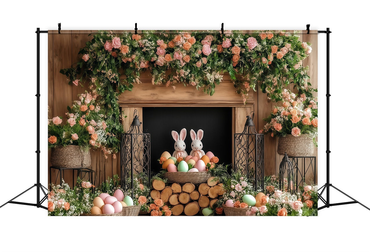 Toile de fond Déco Pâques Lapin Floral Cheminée CJJ-169