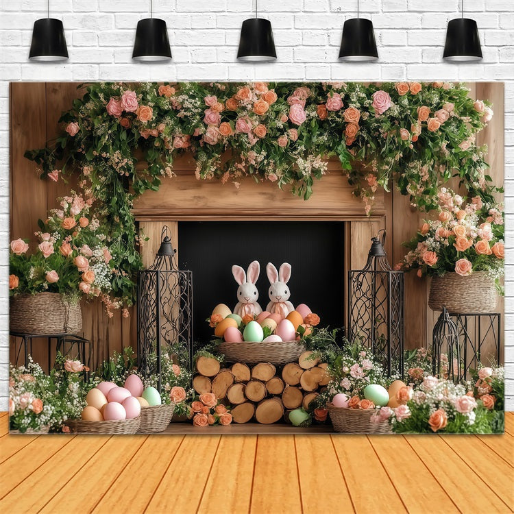 Toile de fond Déco Pâques Lapin Floral Cheminée CJJ-169