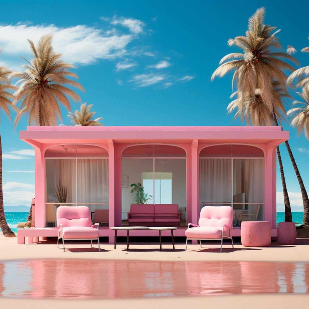 Toile de fond Poupée Mode Plage Palmiers Bungalow Rose CJJ2-100