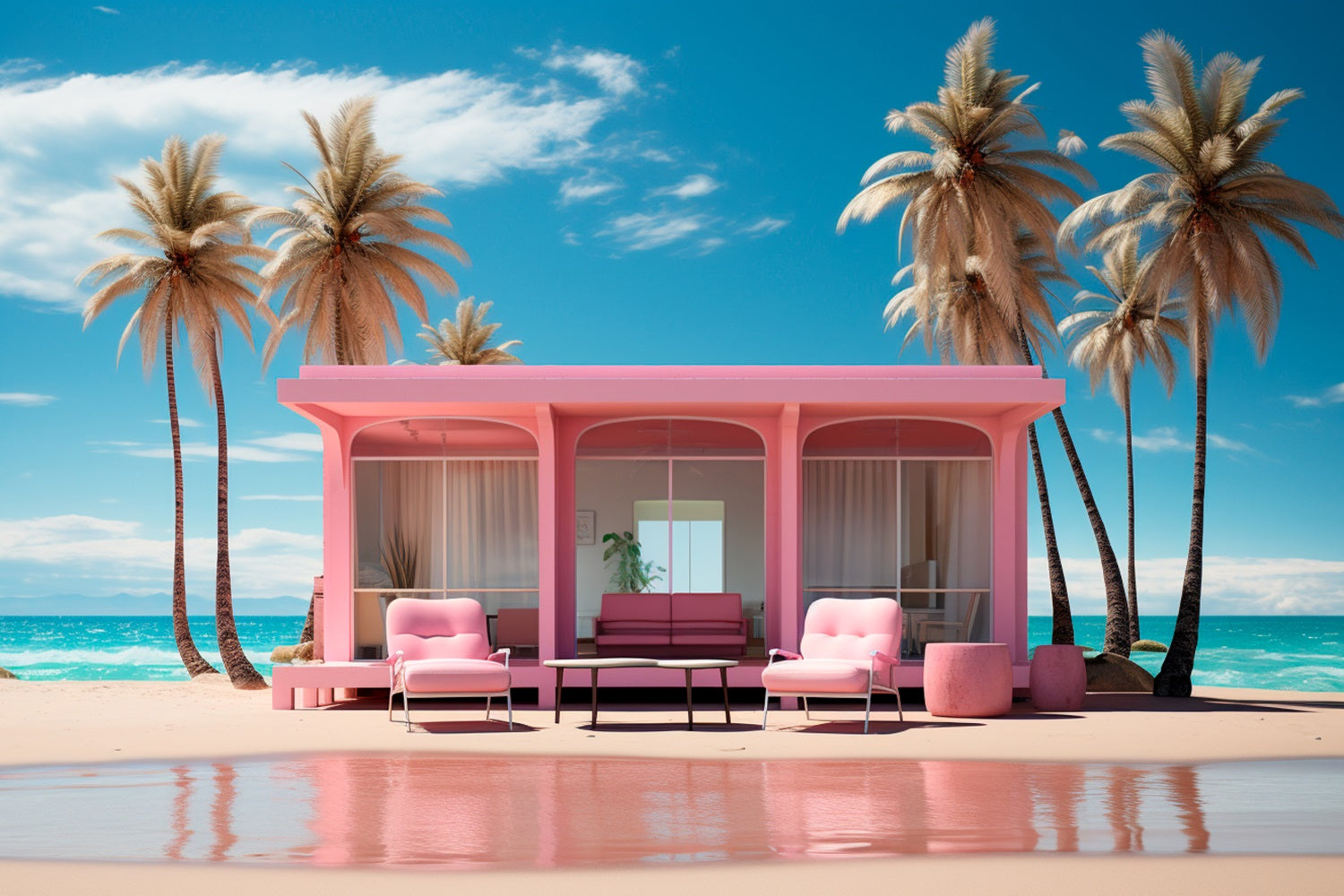 Toile de fond Poupée Mode Plage Palmiers Bungalow Rose CJJ2-100