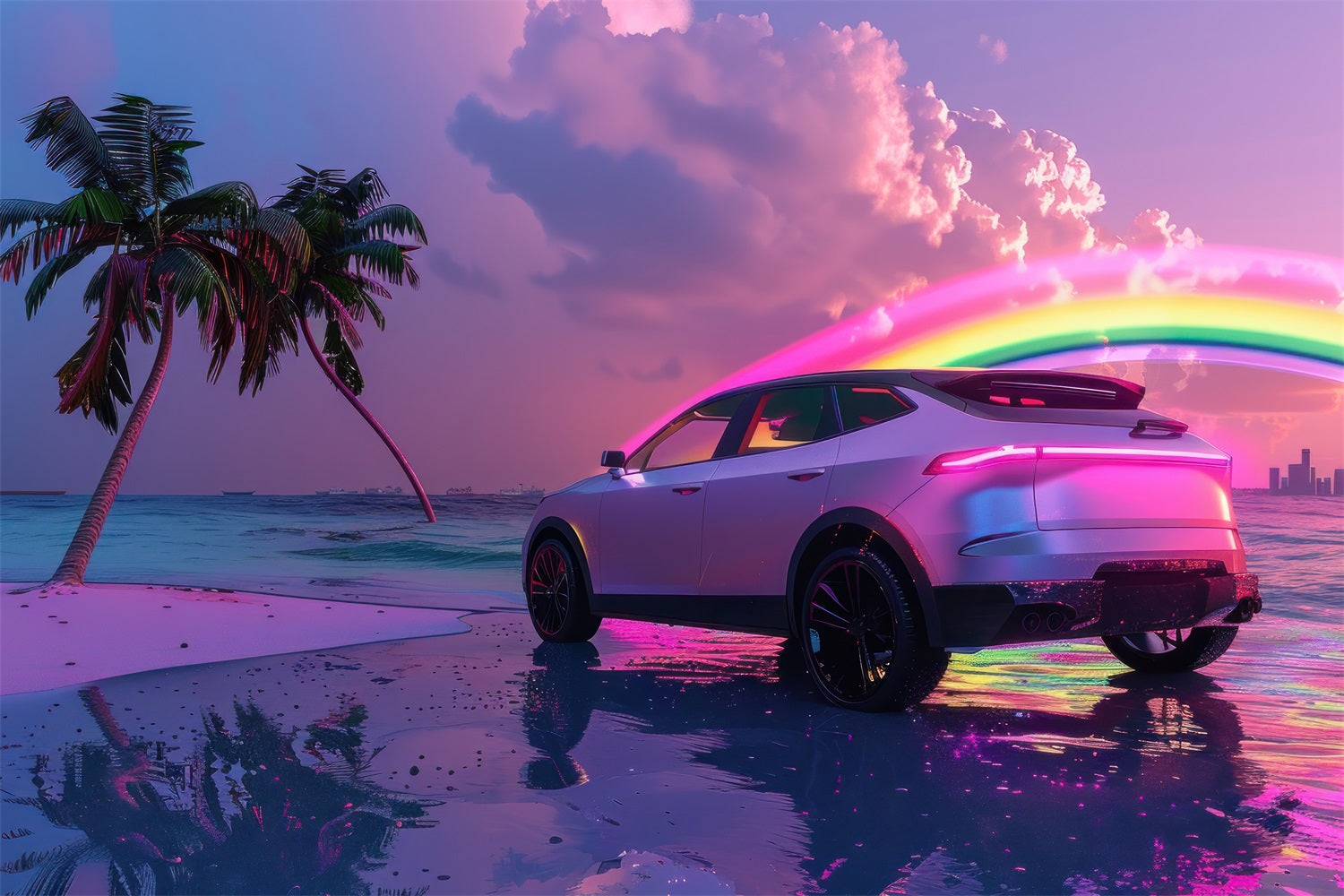 Toile de fond Film Fille Rose Voiture Plage Tropicale Néon CJJ2-106