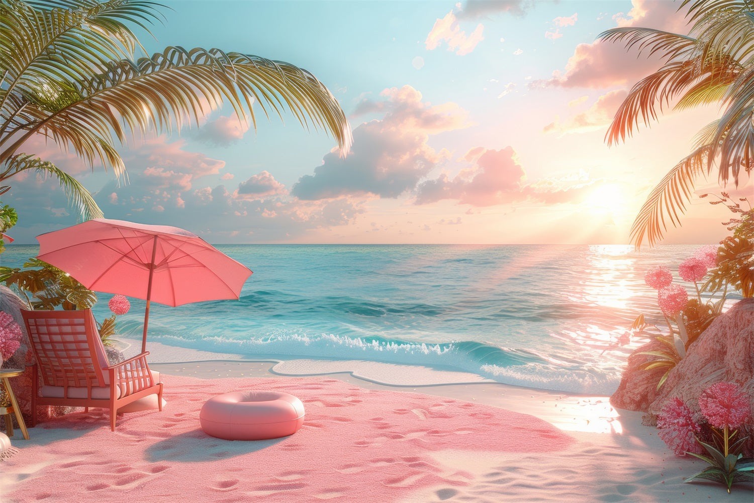 Toile de fond Plage Fille Rose Sable Rose Coucher de Soleil CJJ2-107