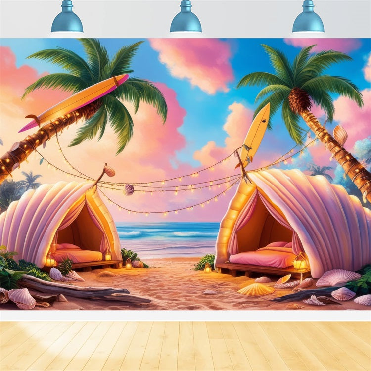 Toile de fond Plage Fille Rose Coquillage Tente Station Balnéaire CJJ2-108