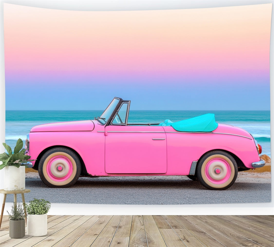 Toiles de fond Fille Rose Voiture Classique Bord de Mer Coucher de Soleil CJJ2-114