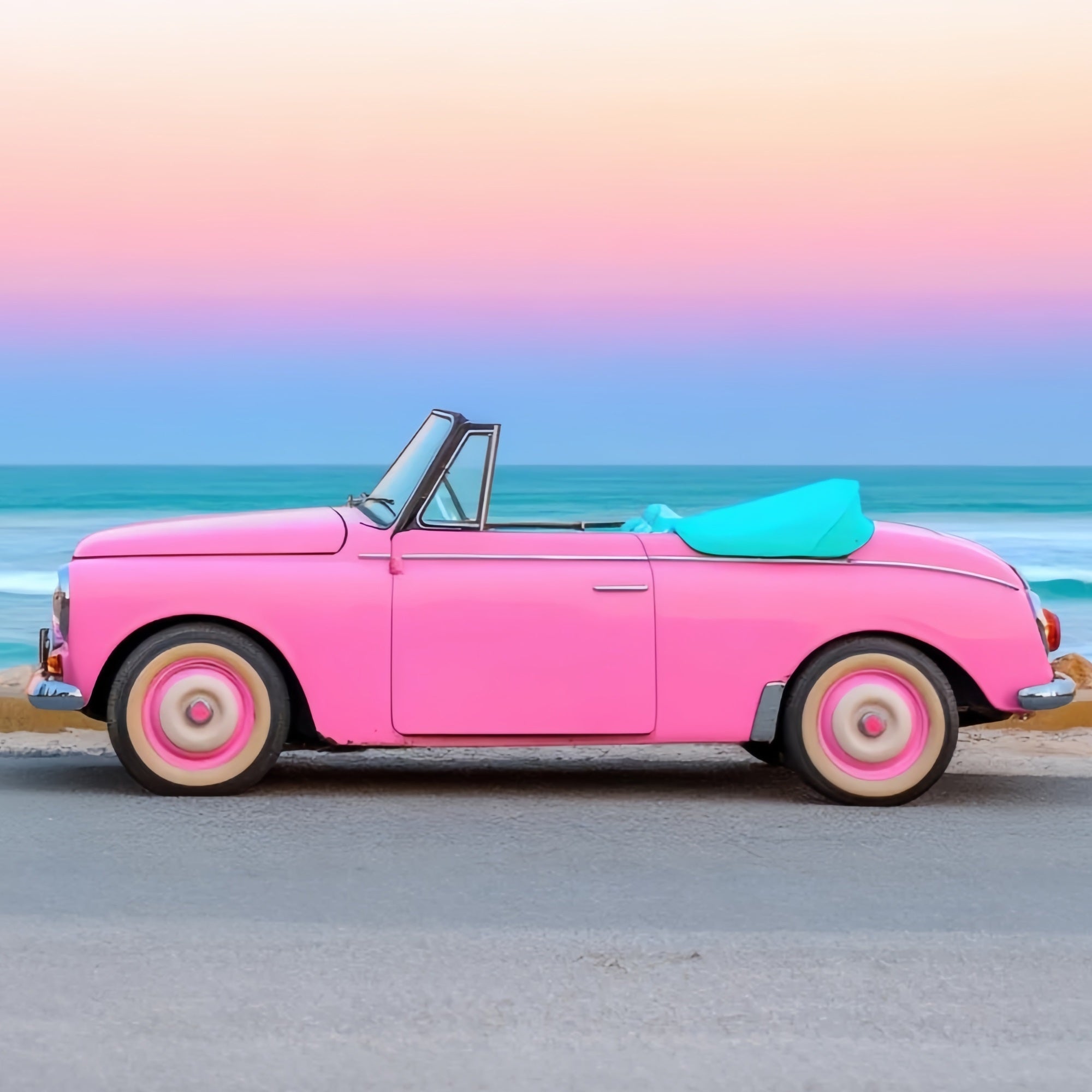 Toiles de fond Fille Rose Voiture Classique Bord de Mer Coucher de Soleil CJJ2-114