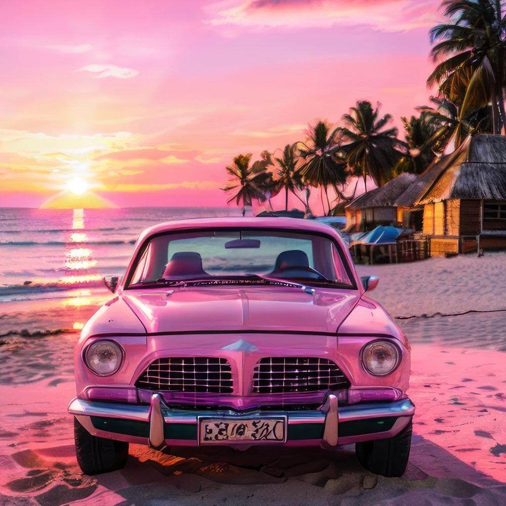 Toile de fond Fille Rose Design Coucher de Soleil Voiture Bord de Mer CJJ2-115