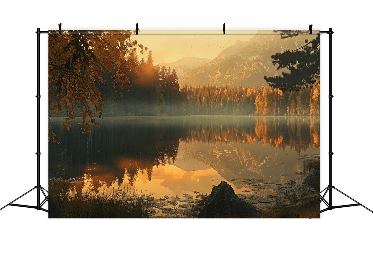Toile de Fond Automne Forêt Reflet Lac Doré CJJ2-122