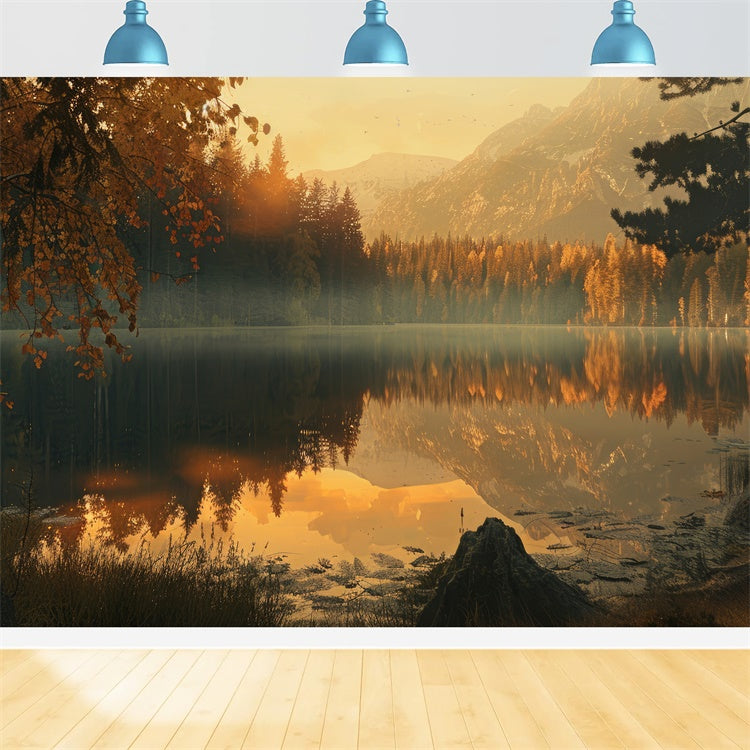 Toile de Fond Automne Forêt Reflet Lac Doré CJJ2-122