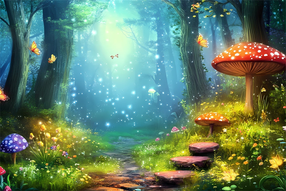 Toile de Fond Conte de Fées Forêt Papillons Magiques Champignons CJJ2-124