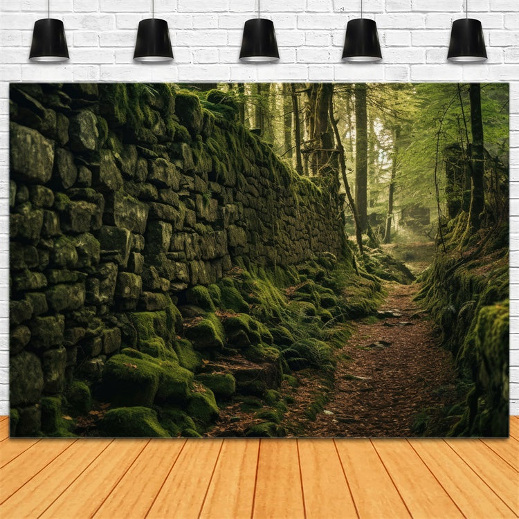 Toile de Fond Photographie Forêt Chemin Mur Pierre Mousseux CJJ2-128