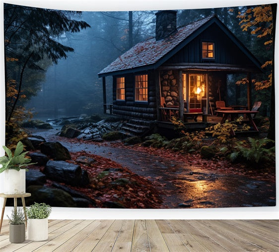 Toile de Fond Automne Forêt Cabane Rustique Pluie d’Automne CJJ2-129