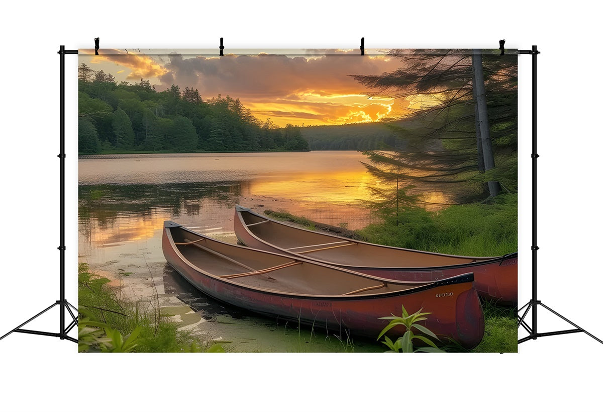 Toile de Fond Photographie Forêt Lac Tranquille Canoë Couchant CJJ2-131