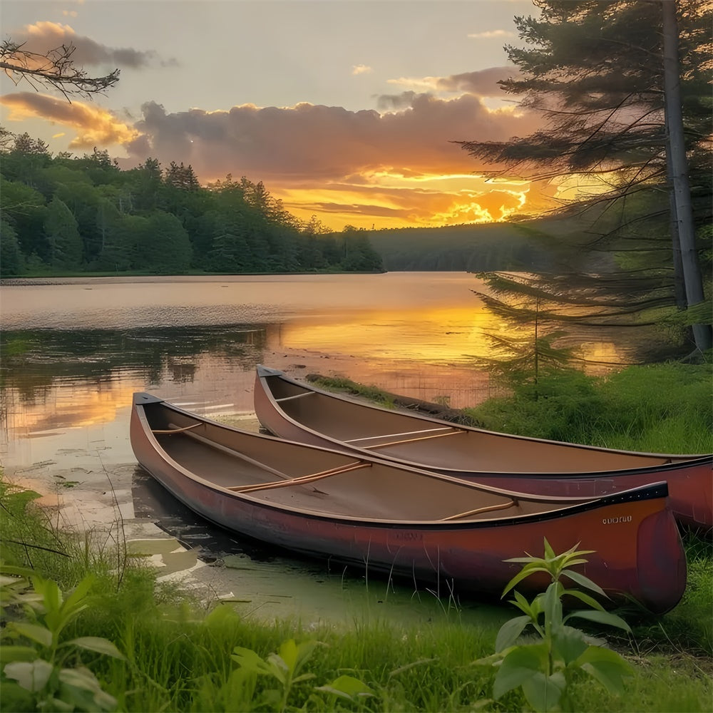 Toile de Fond Photographie Forêt Lac Tranquille Canoë Couchant CJJ2-131