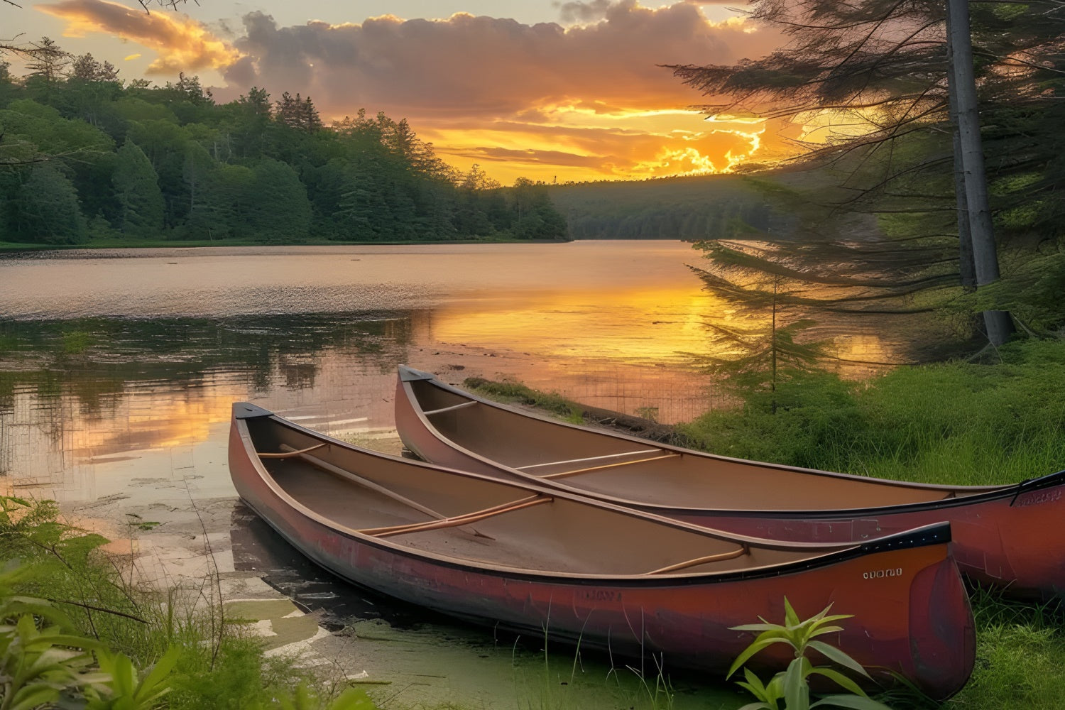 Toile de Fond Photographie Forêt Lac Tranquille Canoë Couchant CJJ2-131