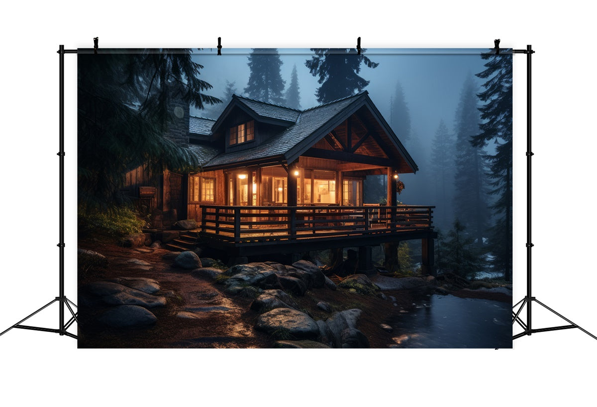 Toile de Fond Photographie Forêt Cabane Rustique Nuit Brumeuse CJJ2-132
