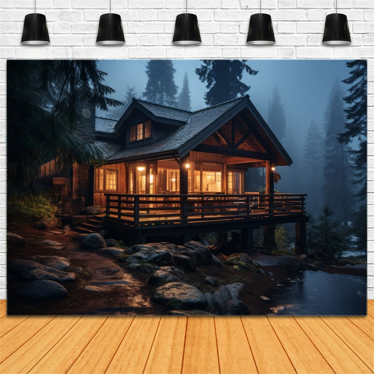 Toile de Fond Photographie Forêt Cabane Rustique Nuit Brumeuse CJJ2-132