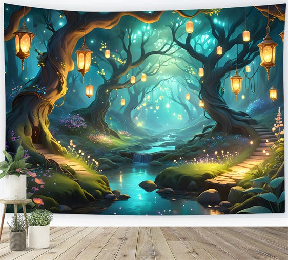 Toile de Fond Fantaisie Forêt Sentier Lanternes Magique CJJ2-133