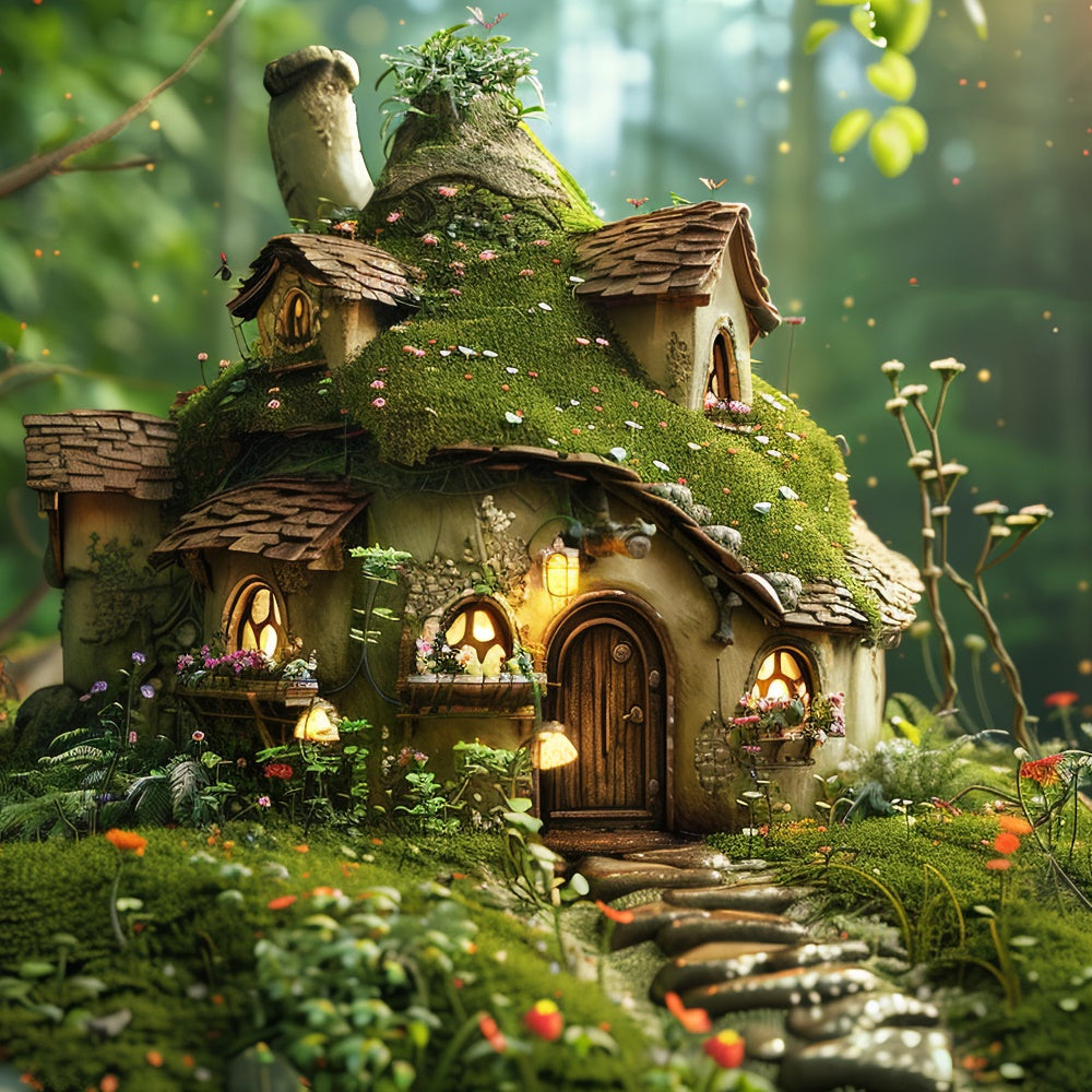 Toile de Fond Photo Forêt Cottage Champignons Mousseux Chaleureux CJJ2-135