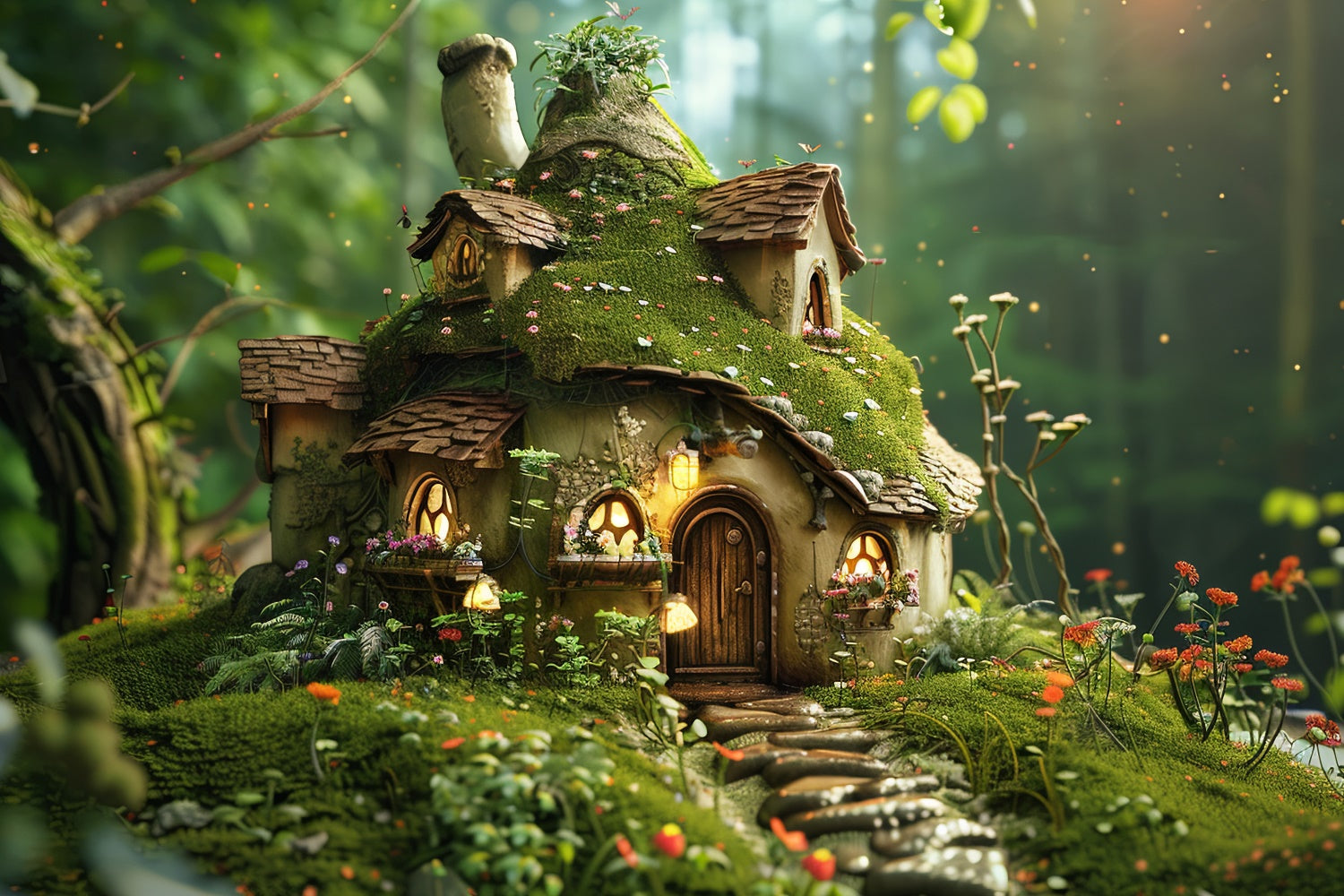 Toile de Fond Photo Forêt Cottage Champignons Mousseux Chaleureux CJJ2-135