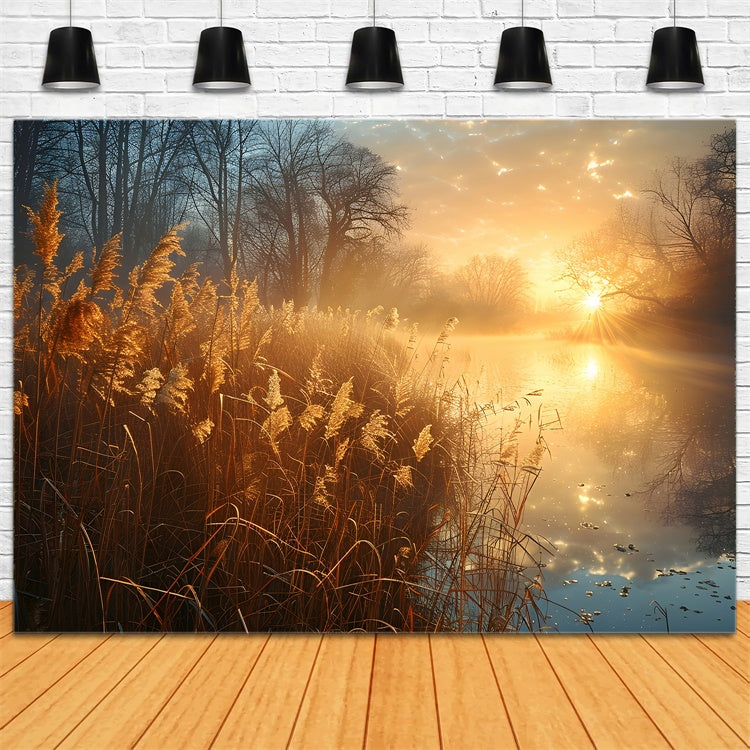 Toile de Fond Photographie Forêt Roseaux Paisibles Lac Ensoleillé CJJ2-136