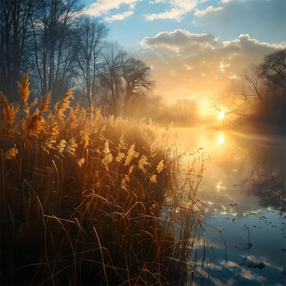 Toile de Fond Photographie Forêt Roseaux Paisibles Lac Ensoleillé CJJ2-136