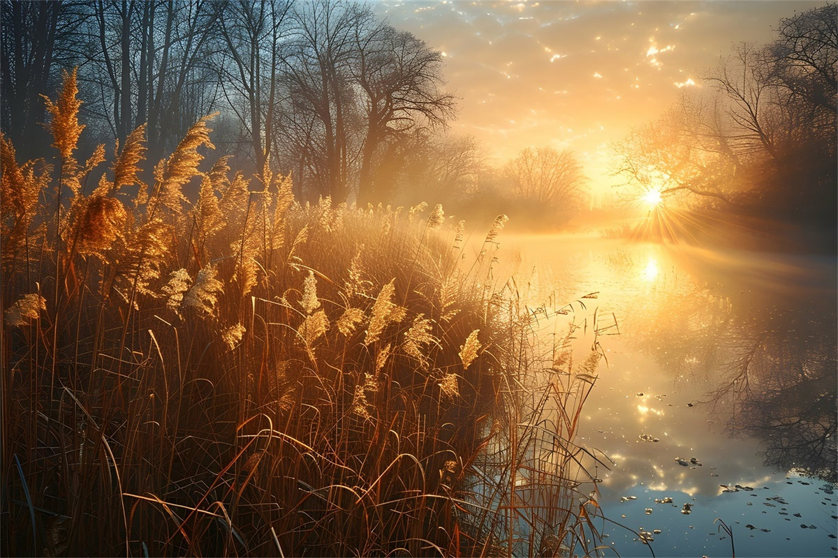 Toile de Fond Photographie Forêt Roseaux Paisibles Lac Ensoleillé CJJ2-136