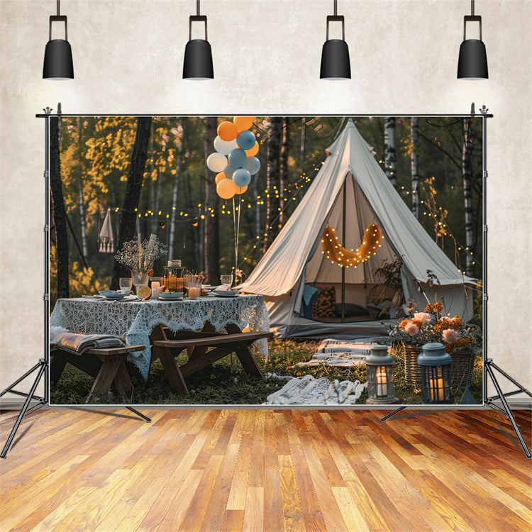 Toile de Fond Photographie Forêt Nuit Glamping Chaleureux Automne CJJ2-139