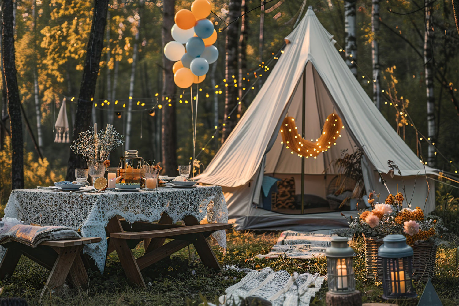 Toile de Fond Photographie Forêt Nuit Glamping Chaleureux Automne CJJ2-139
