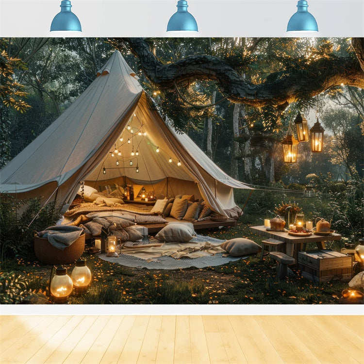 Toile de Fond Photographie Forêt Tente Festival Lanternes Chaleureux CJJ2-26