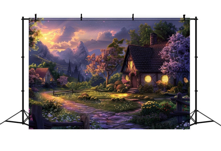 Toile de Fond Photographie Forêt Cabane Charmante Sentier Coucher de Soleil CJJ2-28