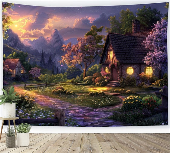 Toile de Fond Photographie Forêt Cabane Charmante Sentier Coucher de Soleil CJJ2-28