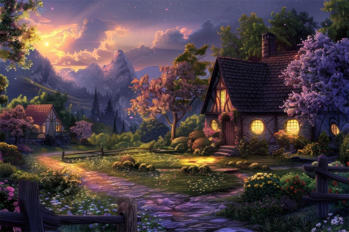 Toile de Fond Photographie Forêt Cabane Charmante Sentier Coucher de Soleil CJJ2-28