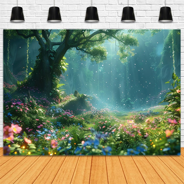 Toile de Fond Fantaisie Forêt Rêve Étincelant Fleurs Sauvages CJJ2-35