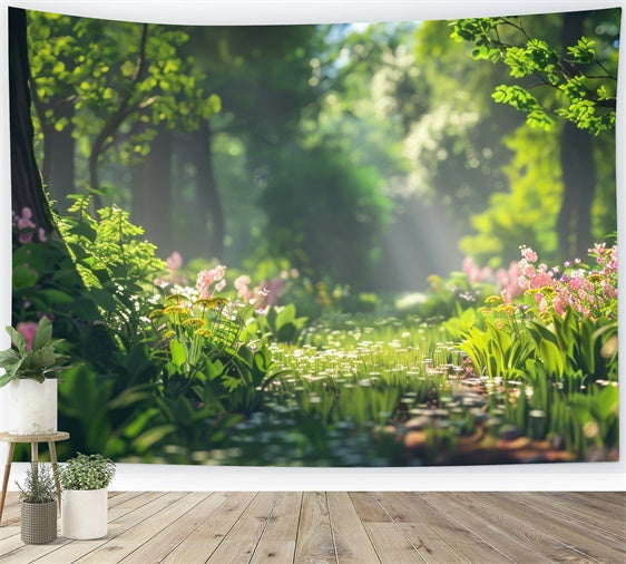 Toile de Fond Photographie Forêt Rayon de Soleil Doré Fleurs Sauvages CJJ2-40