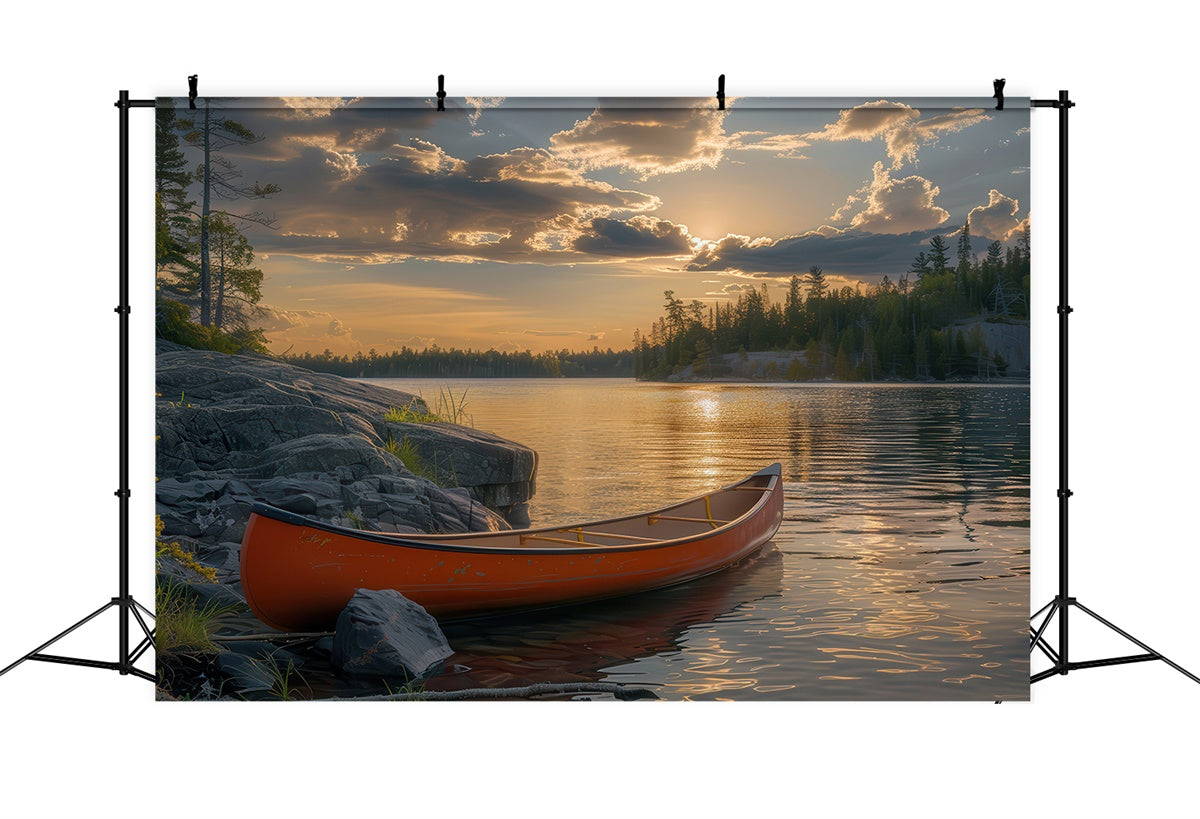 Toile de Fond Photographie Forêt Rivage Canoë Crépuscule Tranquille CJJ2-44