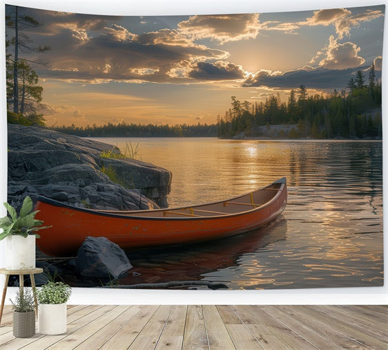Toile de Fond Photographie Forêt Rivage Canoë Crépuscule Tranquille CJJ2-44