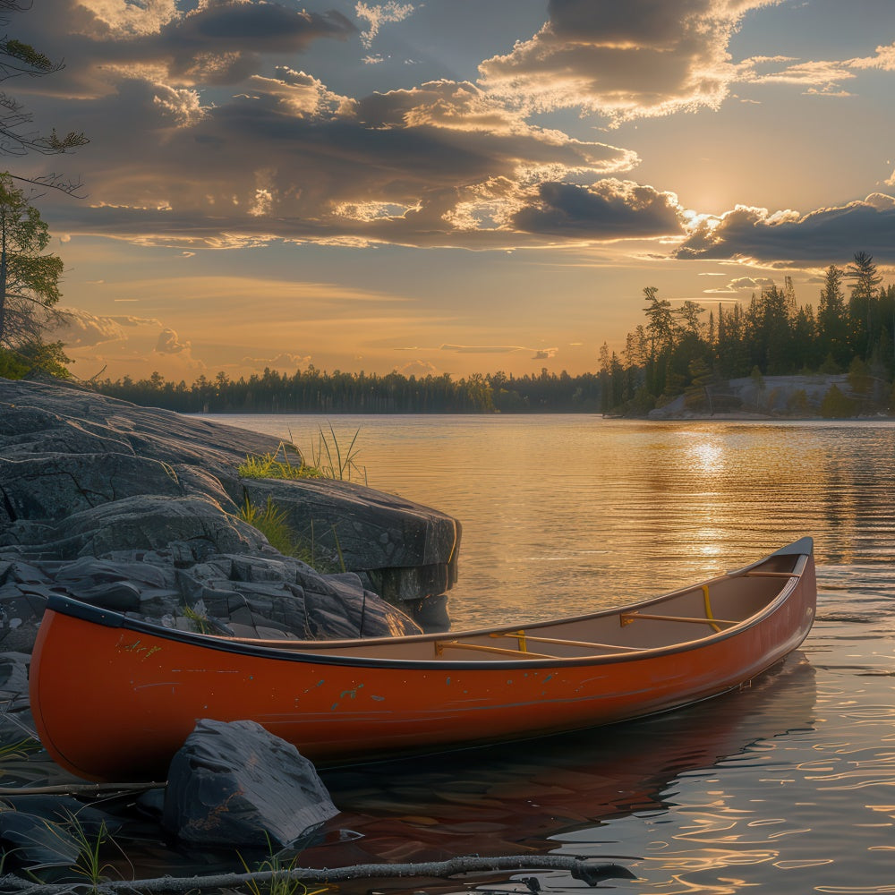 Toile de Fond Photographie Forêt Rivage Canoë Crépuscule Tranquille CJJ2-44