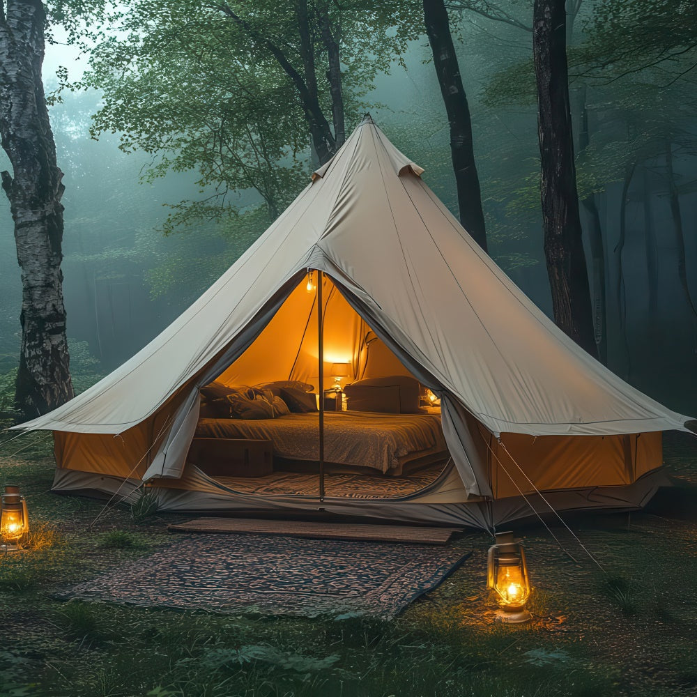 Toile de Fond Photographie Forêt Tente Chaleureuse Lumière Douce CJJ2-49