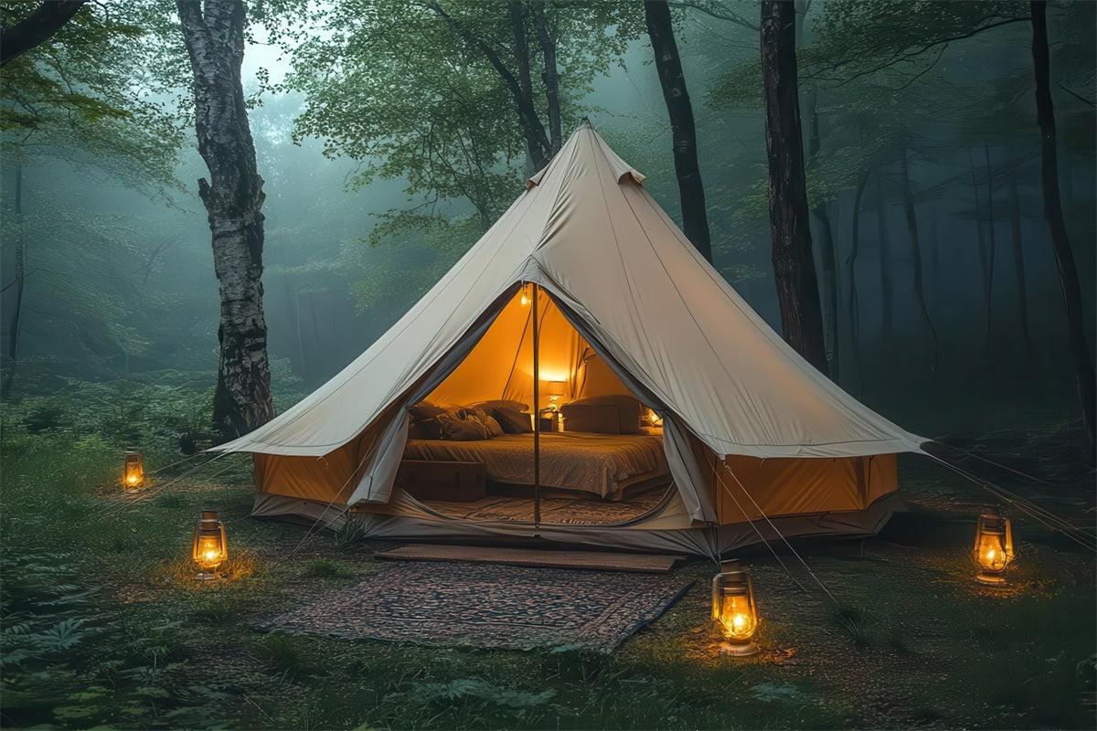 Toile de Fond Photographie Forêt Tente Chaleureuse Lumière Douce CJJ2-49