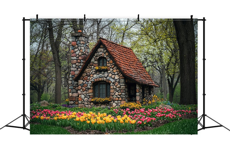 Toile de Fond Photo Forêt Charmante Maison Fleurie Pierre CJJ2-50
