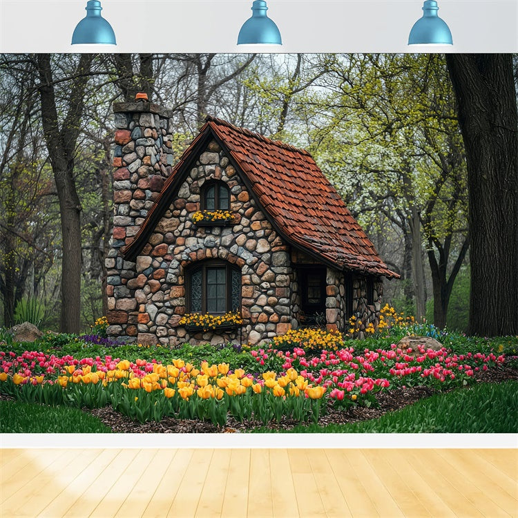 Toile de Fond Photo Forêt Charmante Maison Fleurie Pierre CJJ2-50