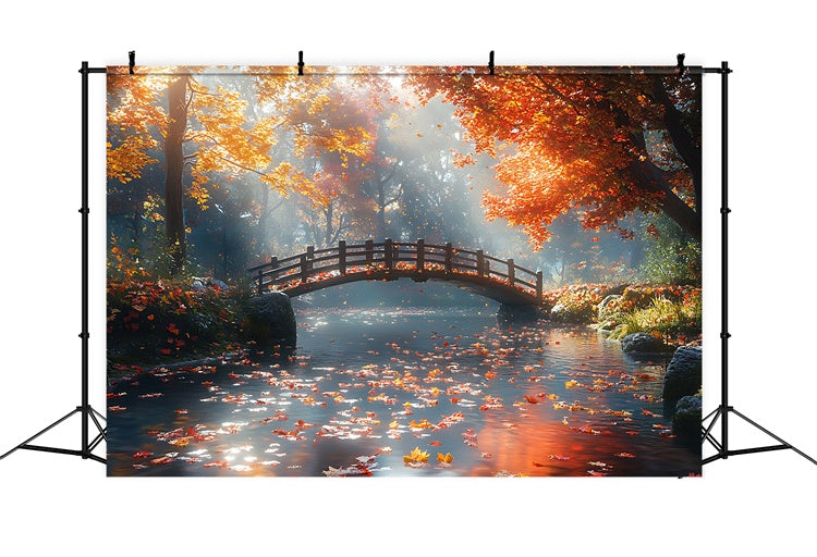 Toile de Fond Automne Forêt Pont Feuilles d’Érable Tranquille CJJ2-52