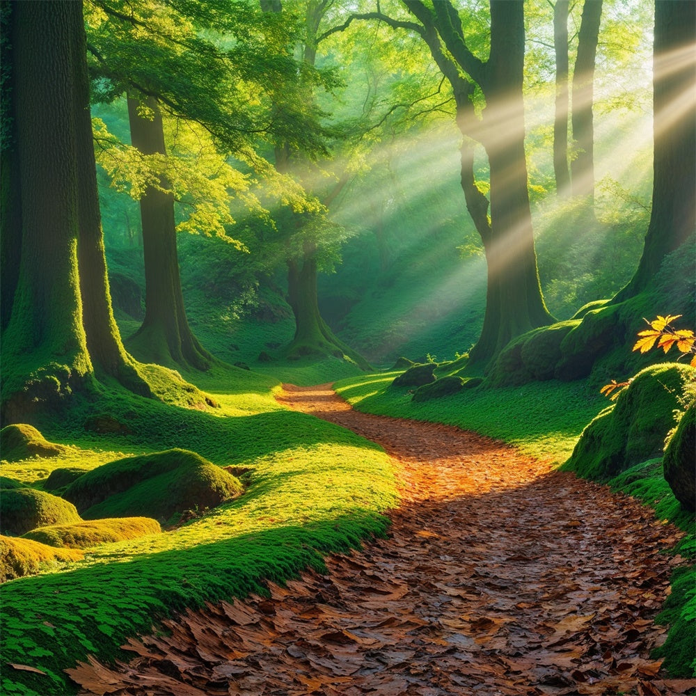 Toile de Fond Photographie Forêt Rayon de Soleil Doré Chemin Moussu CJJ2-53