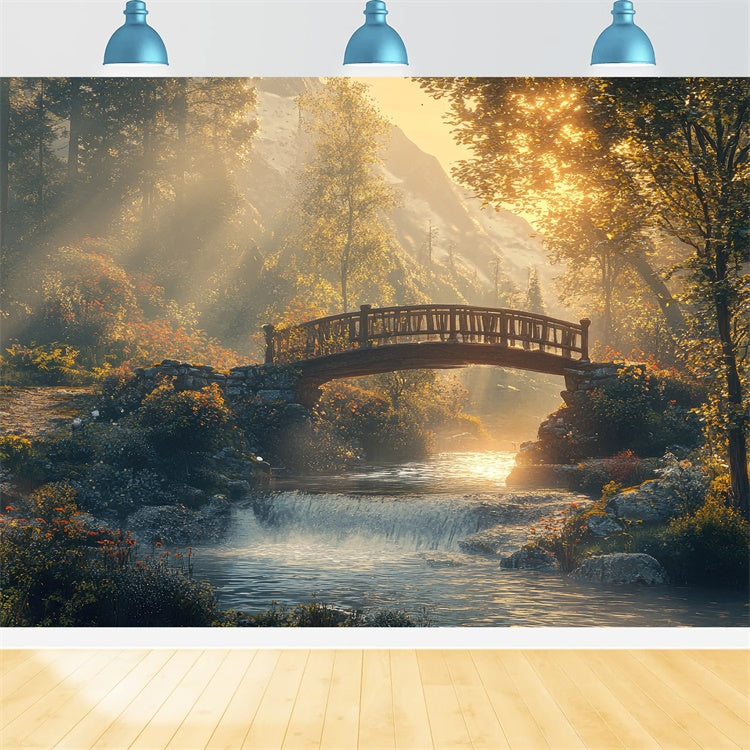 Toile de Fond Bois Photo Pont Ruisseau Rustique Forêt CJJ2-54