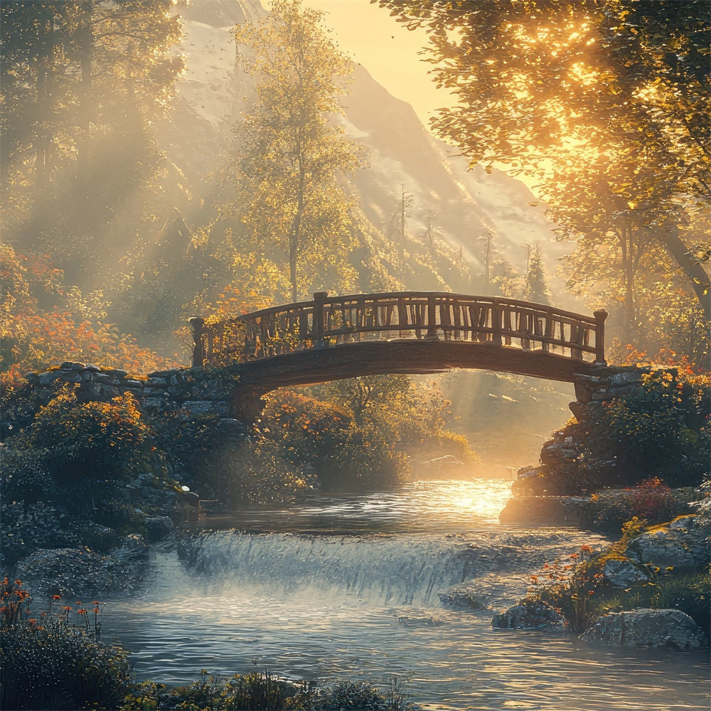 Toile de Fond Bois Photo Pont Ruisseau Rustique Forêt CJJ2-54