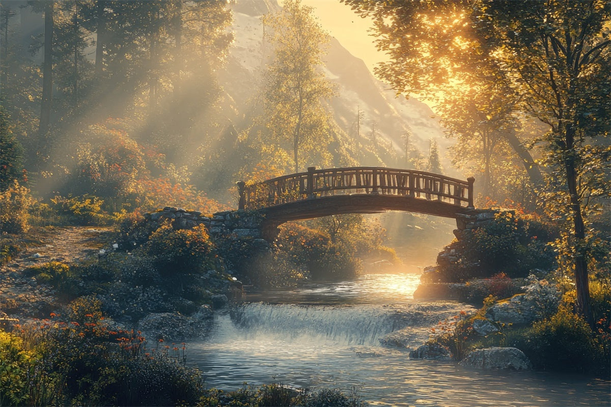 Toile de Fond Bois Photo Pont Ruisseau Rustique Forêt CJJ2-54