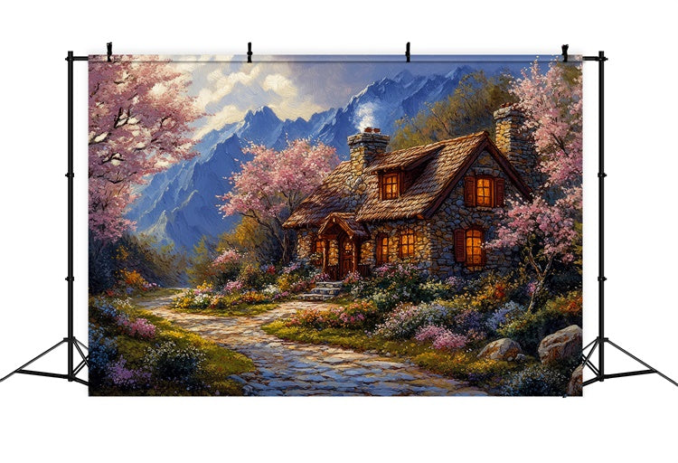 Toile de Fond Photo Forêt Chalet Montagne Fleurie Chaleureux CJJ2-65