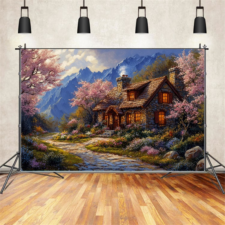 Toile de Fond Photo Forêt Chalet Montagne Fleurie Chaleureux CJJ2-65
