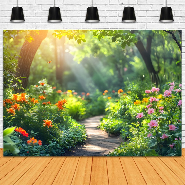 Toile de Fond Forêt Sentier Fleuri Lumière Brillante CJJ2-67