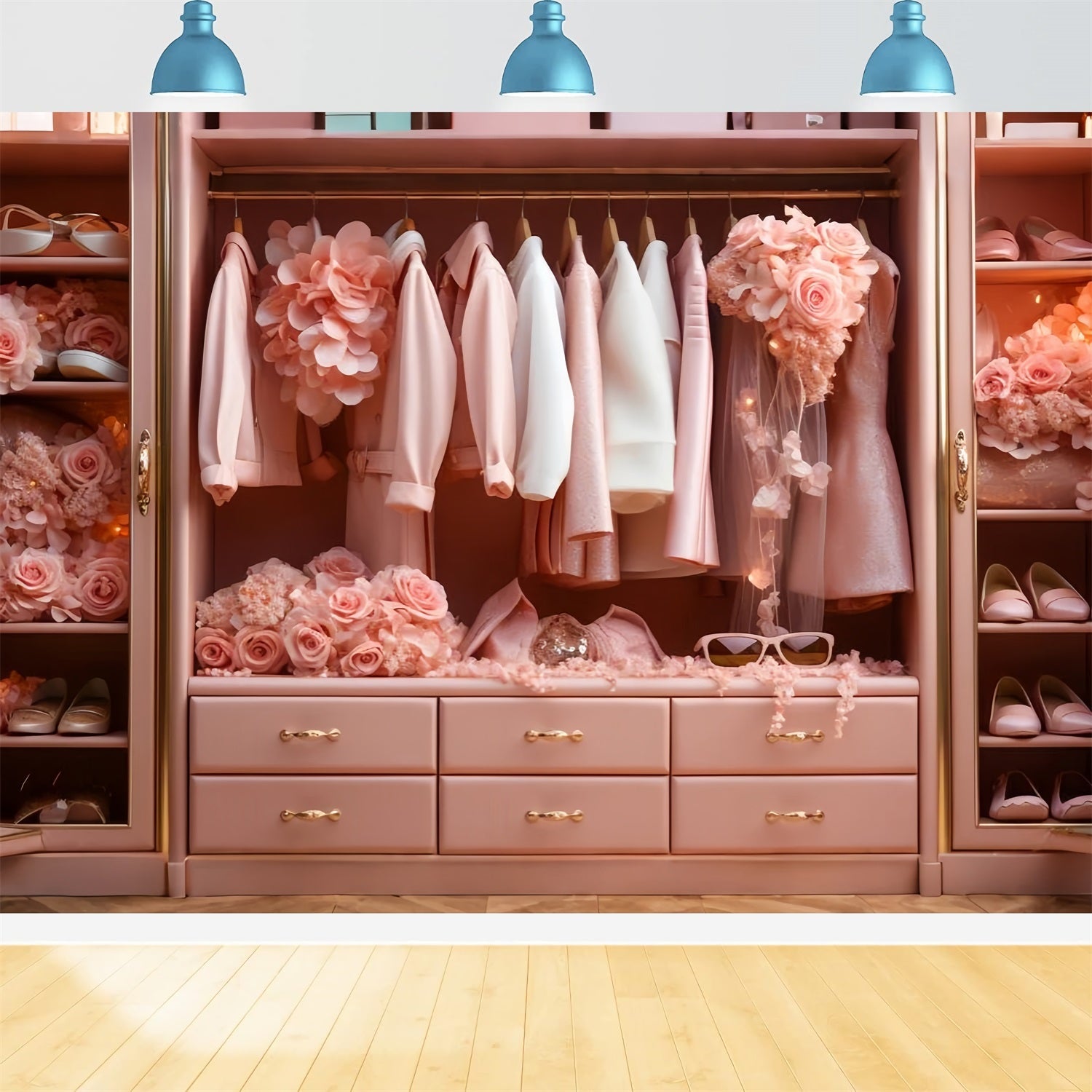 Toile de fond Poupée Mode Garde-Robe Florale Rose CJJ2-80